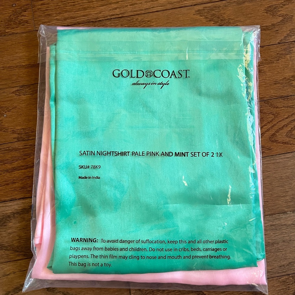 2 Gold Coast satin nightshirts in original unopened packaging. There are NO tags